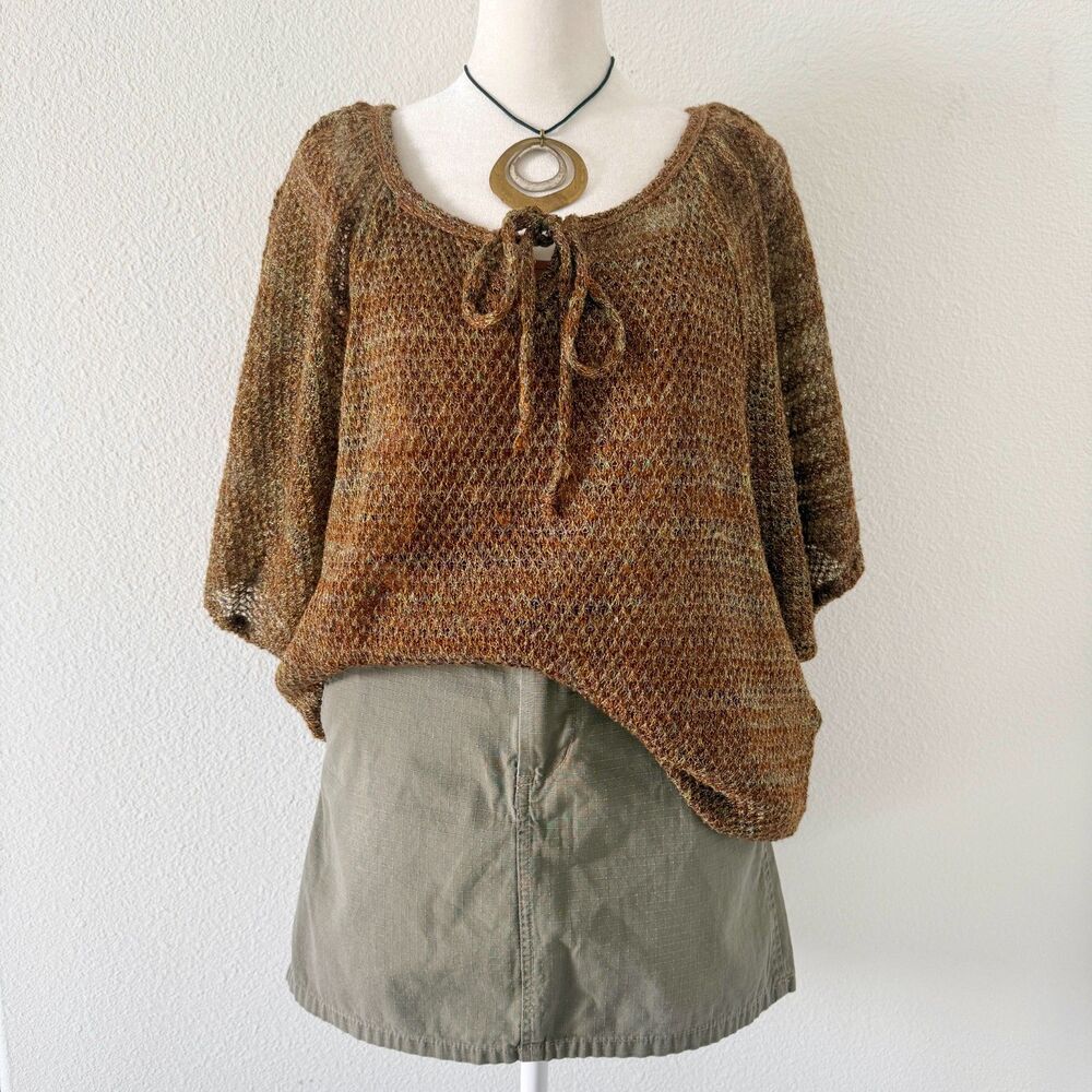 Vintage Brown Multi-Color Knit Blouse Tie-Front Scoop Neck Boho Lagenlook Size L